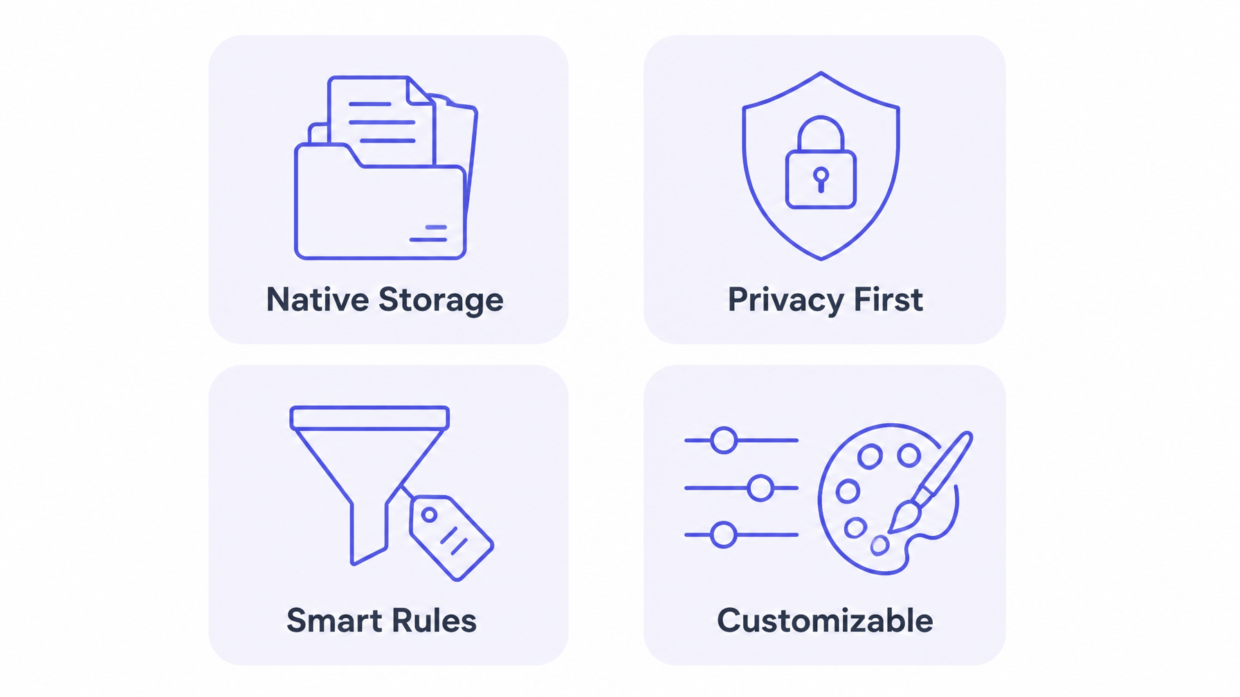 Four feature icons: native storage, privacy first, smart rules, customizable
